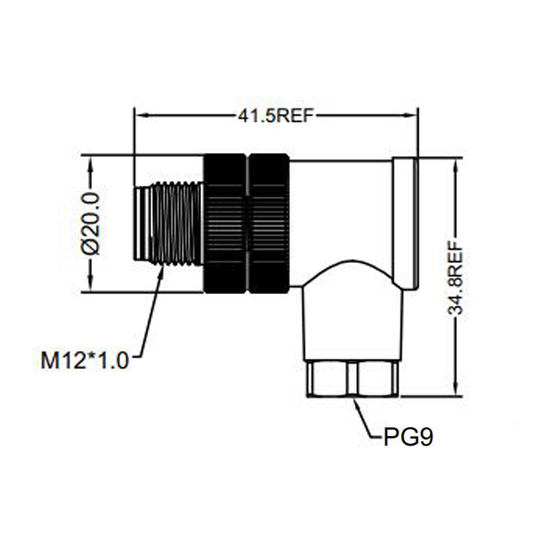 M12 4pins A code male right angle plastic assembly connector PG9 thread, unshielded,suitable cable outer diameter 6.0mm-8.0mm